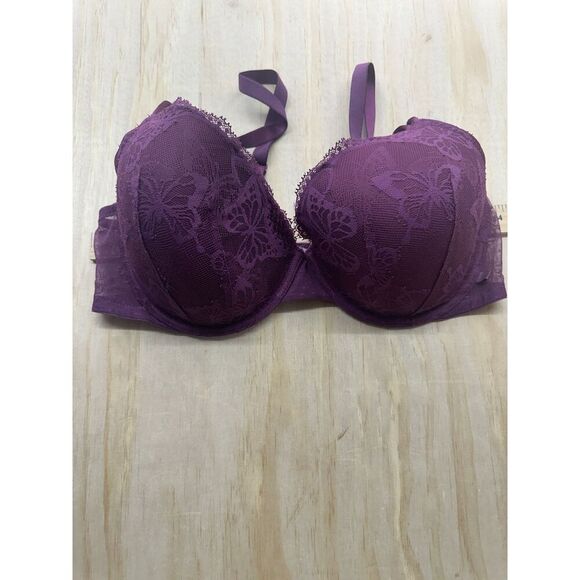 Victoria Secret Demi Lined Bra 38D Purple Push Up Lace Satin - Picture 1 of 4